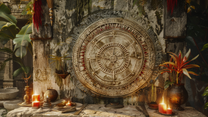Ancient stone calendar surrounded by candles and