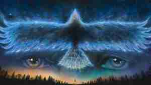 Eyes with starry night sky and trees silhouetted at