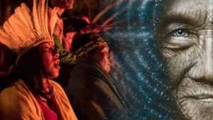 Indigenous people in traditional attire beside a large